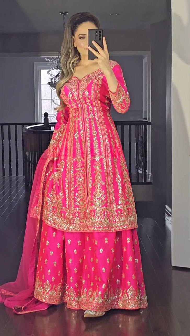 Modern Magenta Heavy Embroidered Ensemble